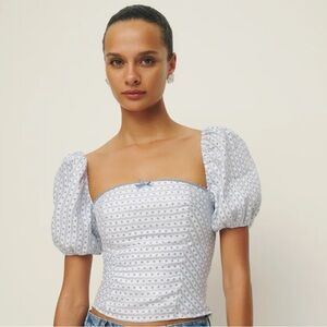 Reformation Light Blue and White Linen Top